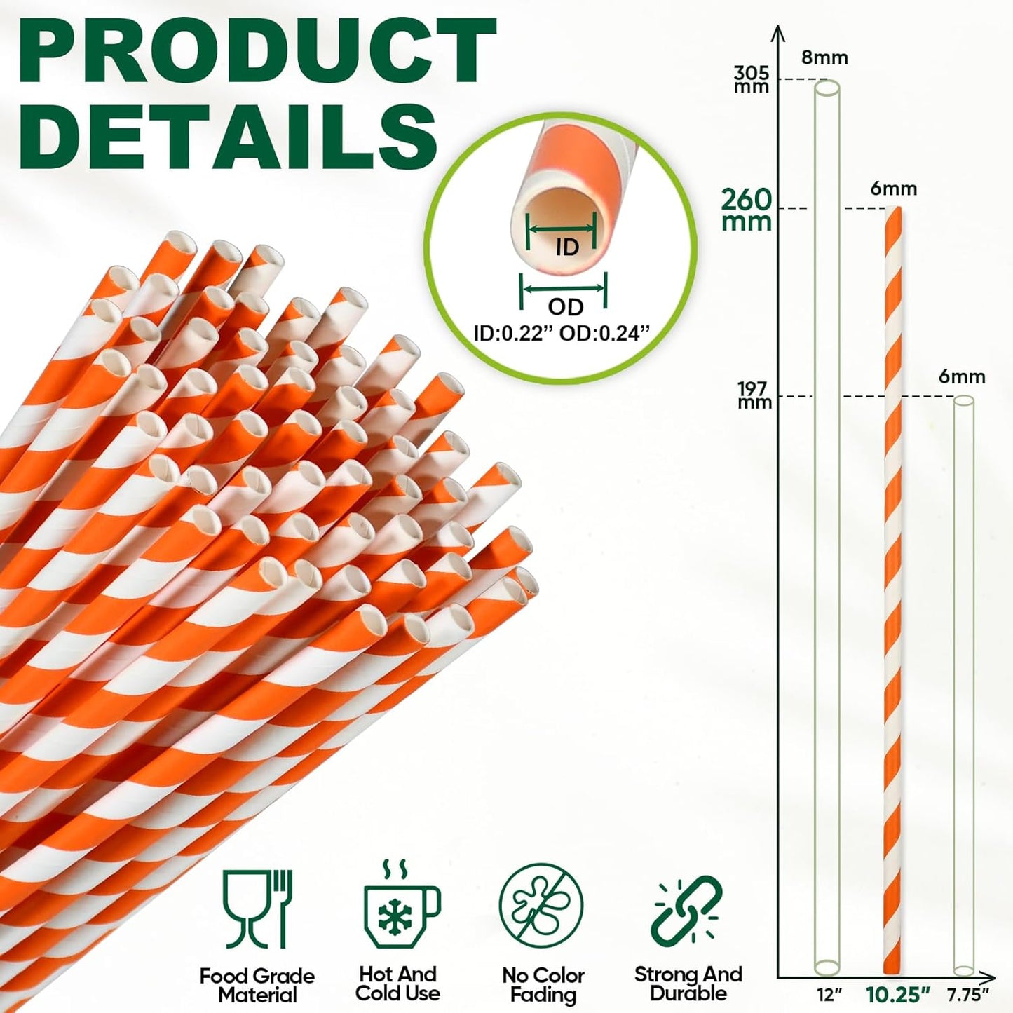 Orange Striped Paper Drinking Straws, 10.25 Inch Long, 100 Counts - for Tall Drinks, Halloween Party - Eco Friendly