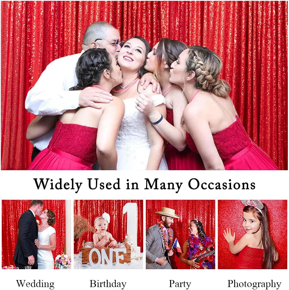 ShinyBeauty Red Sequin-Backdrop-Curtain 2Panels 5FTx10FT Glitter Wedding Photography Background Shimmer Curtains Payette Sequin Backdrops Red Sequins Fabric Backgrounds