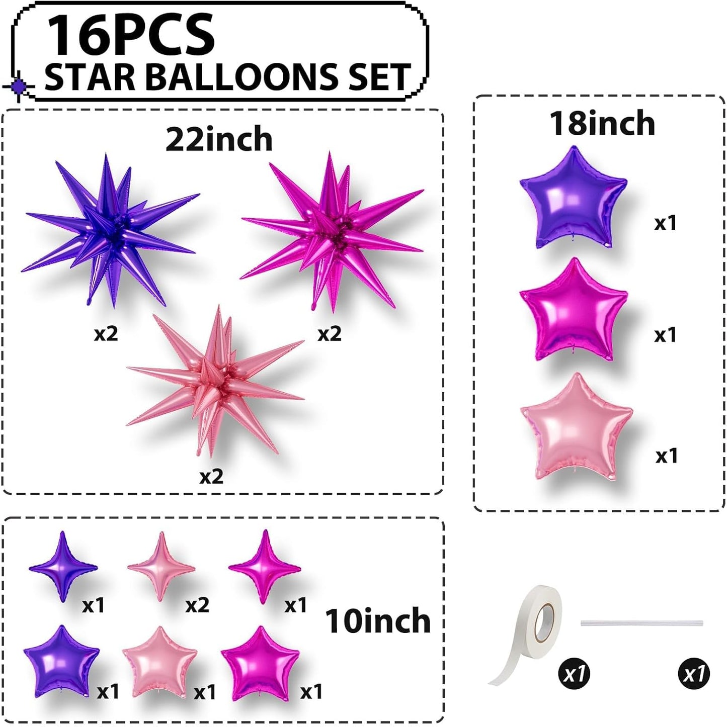16 Pcs Hot Pink Purple Star Balloons, 22/18/10 Inch Foil Balloons, Four-Pointed Balloon for Girl Princess Birthday Wedding Baby Shower Party Decorations