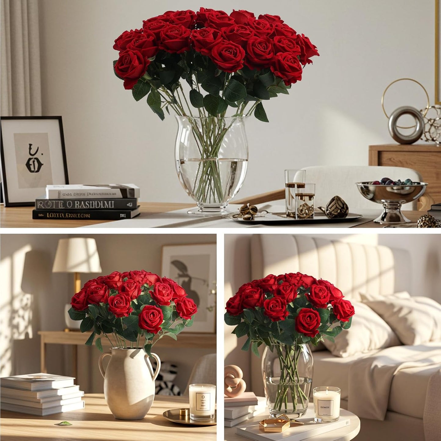 Auihiay 54PCS Red Roses Artificial Flower, Fake Silk Roses, Artificial Roses Bulk for Wedding Decorations Table Centerpieces, Mother's Day Valentine's Day Home Decor