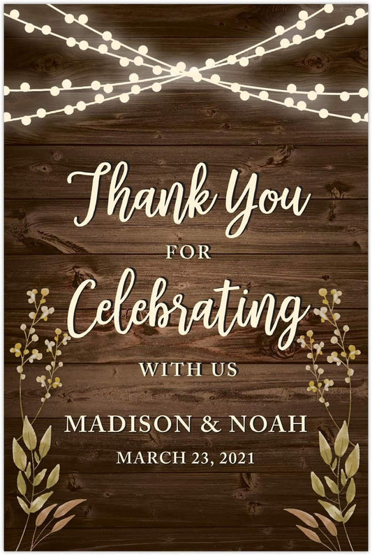 Andaz Press Personalized Extra Large Wedding Easel Party Sign, 12x18-inch, Rustic Wood with Hanging Ball Lights and Florals, Thank You for Celebrating With Us Bride Groom Name Date, 1-Pack, Custom