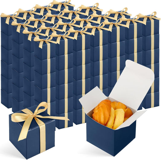 Jutom 100 Pcs Mini Favor Boxes Extra Small Candy Boxes Paper with Gold Ribbon for Christmas Thanksgiving Day Birthday Wedding Anniversary Supplies(2 x 2 x 2 Inch,Navy Blue)