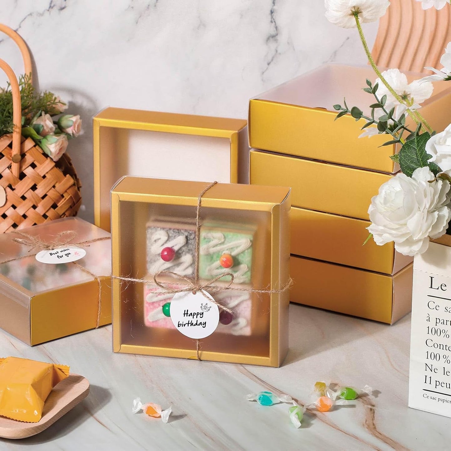 Roowest 50 Sets Kraft Soap Boxes Rectangle Packaging Box with Window Homemade Gift Box with Blank Tags and Jute String for Jewelry Candy Wrapping Party Favor(6.5 x 6.5 x 2 Inch,Gold)