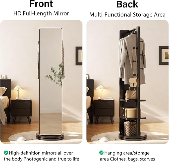 WoodsWhisper Full Length Mirror Coat Rack Solid Wood Floor Mirror 70"x16" Full - Image 8