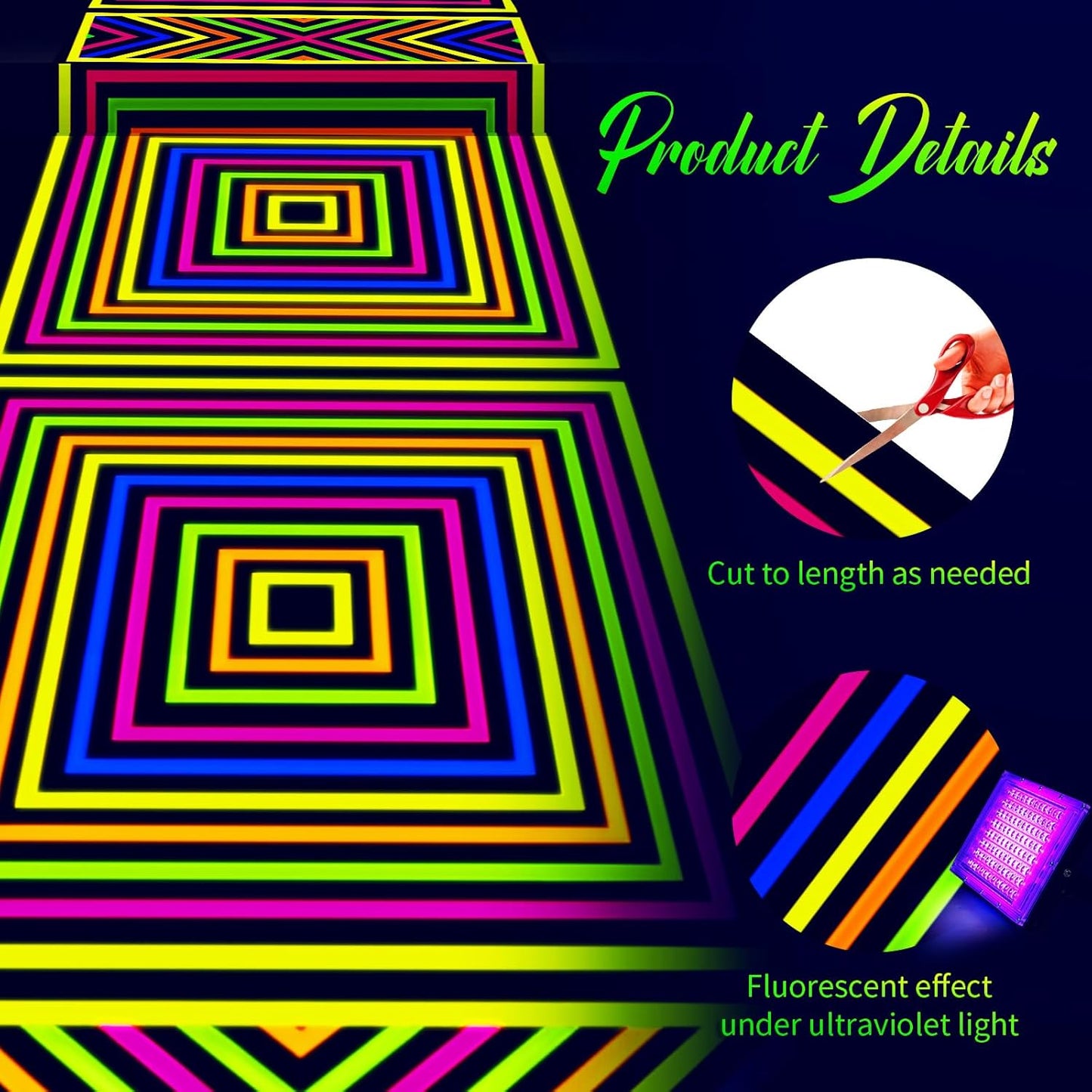 Haull 118 x 39 Inch Neon Light up Dance Floor Glow in The Dark Runner UV Reactive Blacklight Floor Aisle Runner Decor Wall Props for 80s 90s Neon Birthday Party Decorations(Square)