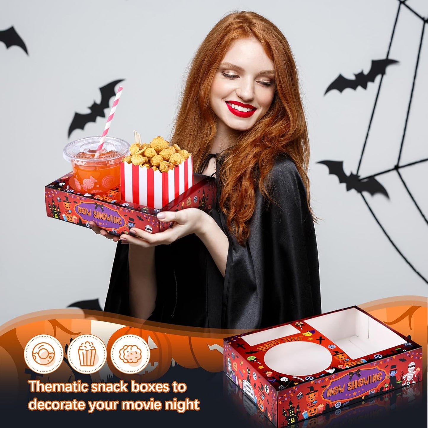 Faccito 36 Pcs Movie Night Snack Trays Movie Theater Snack Boxes Night Supply Disposable Paper Holder Tray for Popcorn Food Candy Drink Party 8 x 6 Inch (Red Black,Pumpkin Style)