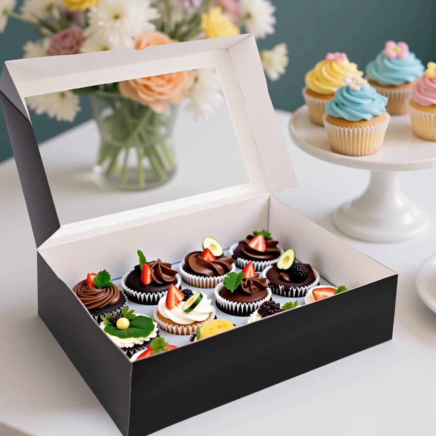 VGOODALL 12 Count Cupcake Boxes, 6PCS Halloween Cupcake Holder with Window Black Pastry Boxes for Birthday Holiday Halloween Party Bakery Supplies