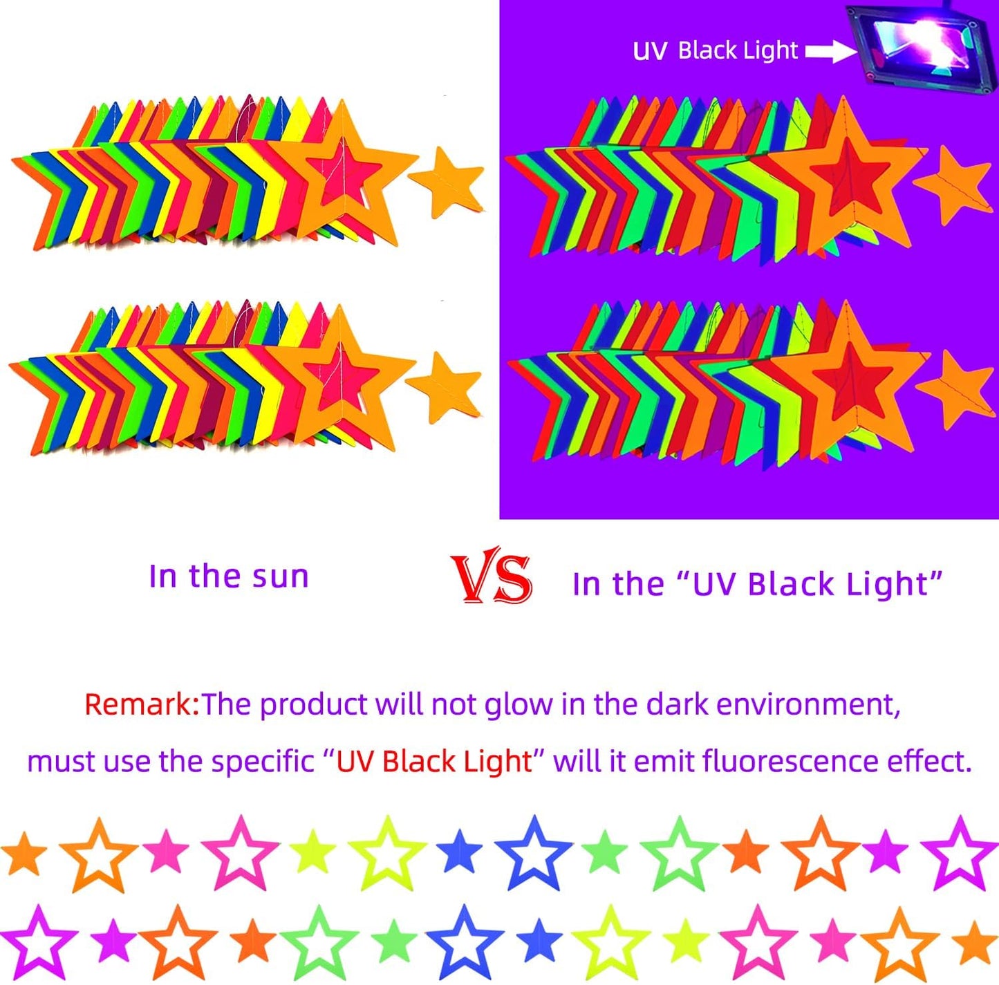 126feet UV Paper Garland Hollowed Star Neon Streamers Black Light Decorations Glow Party UV Reactive Party Favors Glow in The Dark Supplies and Decorations Wedding Birthday Banner