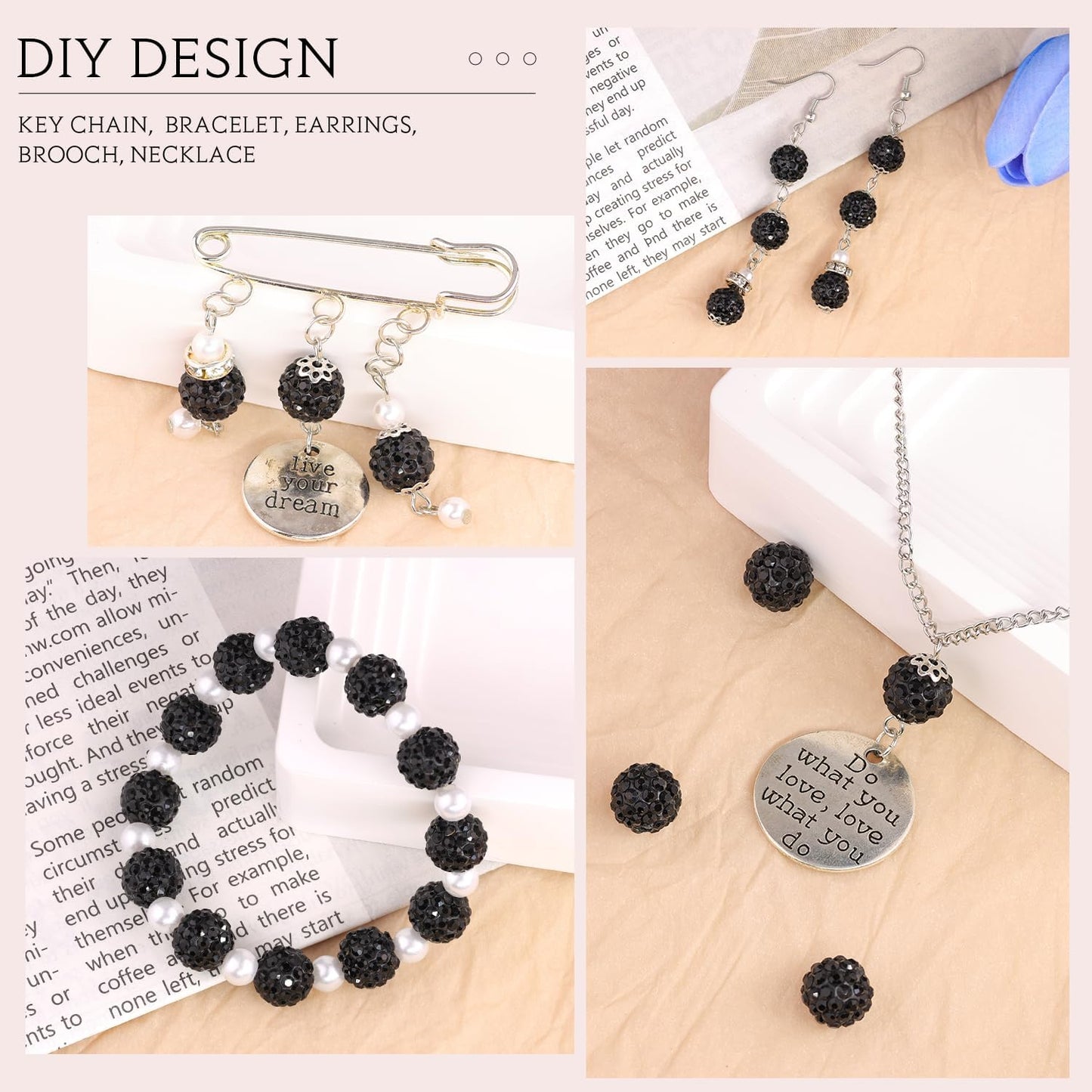 100 pcs 10mm Rhinestone Beads for Jewelry Making, Black Shiny Round Shamballa Disco Beads Bulk, Sparkle Crystal Clay Christmas for Bracelet Baseball Necklace Earring Crafting and DIY