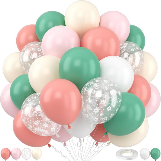 Pink and Green Balloons 60pcs, 12 Inch Sage Olive Green Dusty Light Pink Sand White Snowflake Balloons for Boho Bridal Shower Wedding Ice Winter Theme Birthday Baby In Bloom Baby Shower Decorations