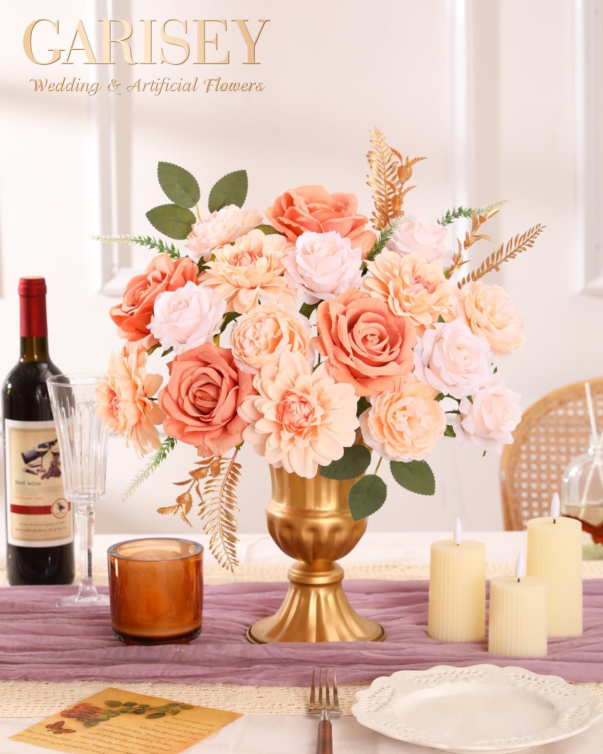 Artificial Flowers Combo, Mix Silk Flowers Roses, Peonies, Dahlias with Stems for DIY Wedding Bridal Bouquets, Baby Shower, Table Centerpieces, Home Decor, Fake Floral Arrangements-Champagne