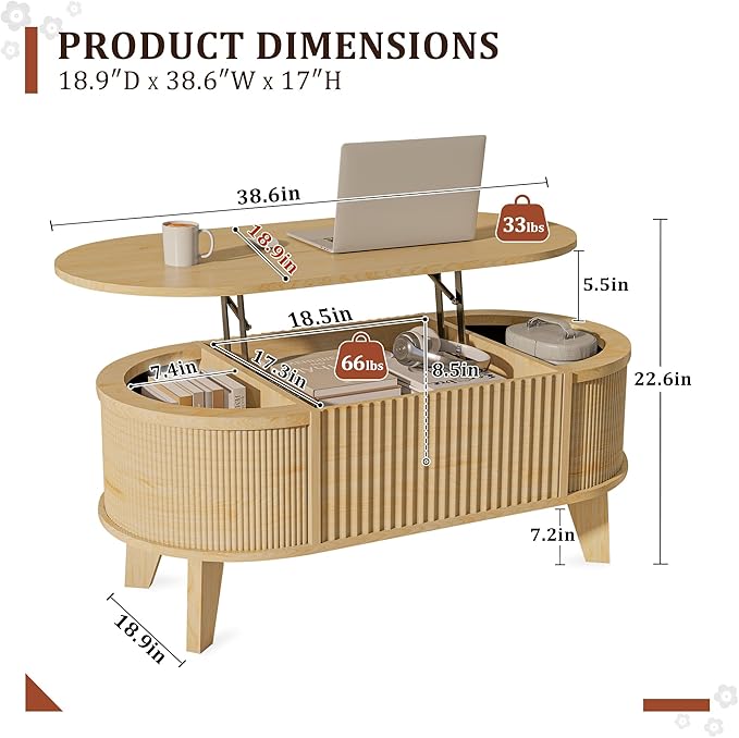 LYNCOHOME Fluted Lift Top Coffee Table - Image 2