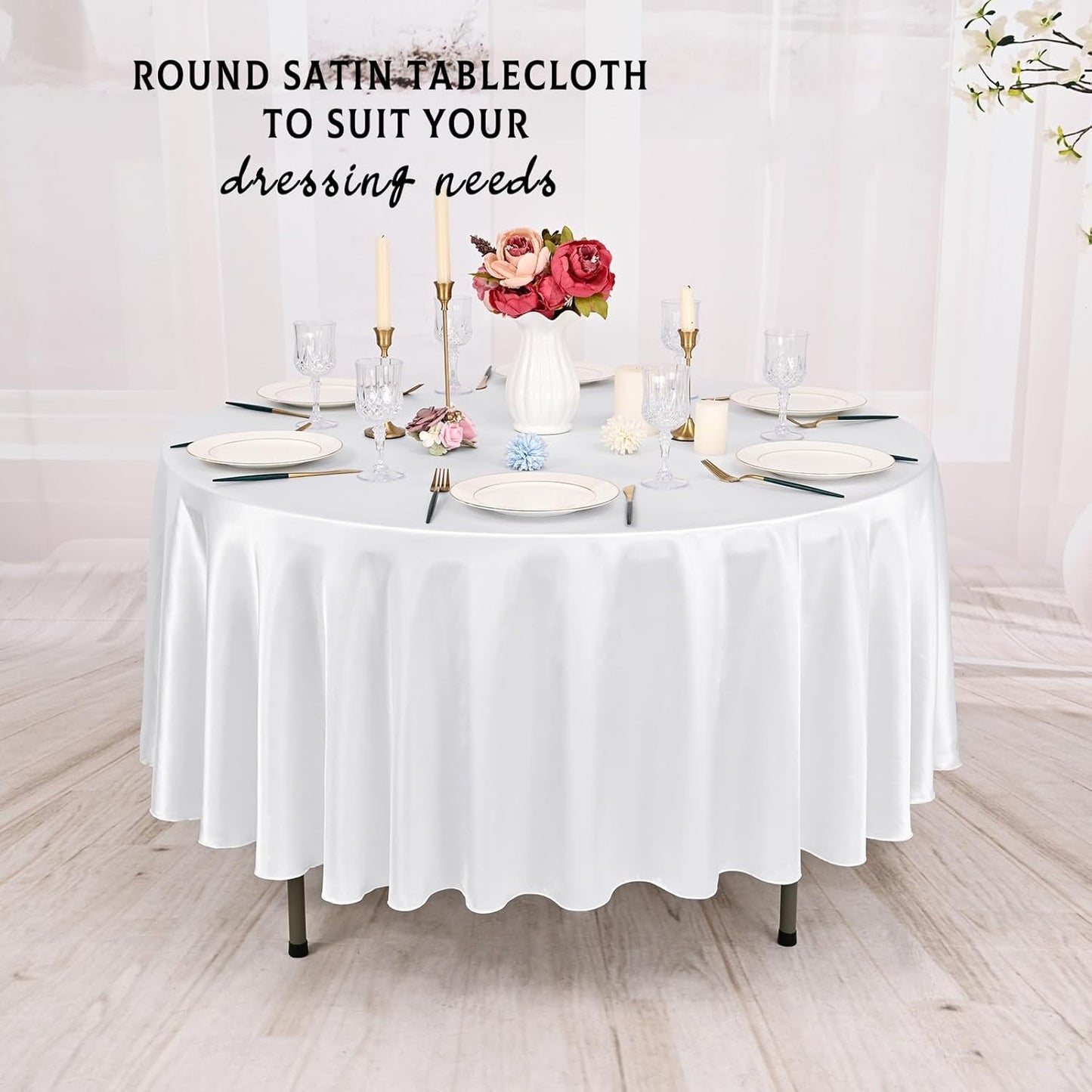 6 Packs Satin Tablecloth 120 Inch White Round Table Cloth Silk Tablecloth Smooth Fabric Overlay Satin Table Cover Decoration for Wedding Party Banquet Events