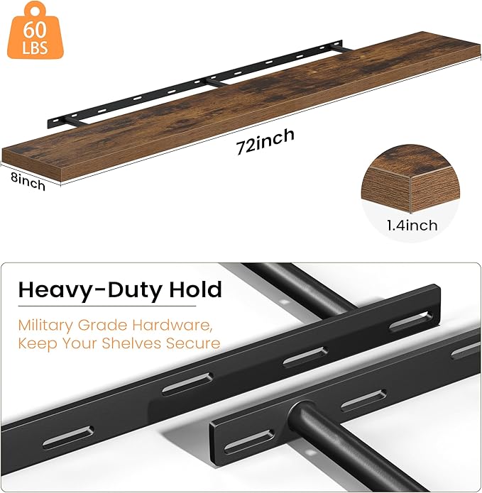 Fun Memories Floating Shelves for Wall, 72 Inch Long Set of 2 Rustic Wood Wall - Image 4