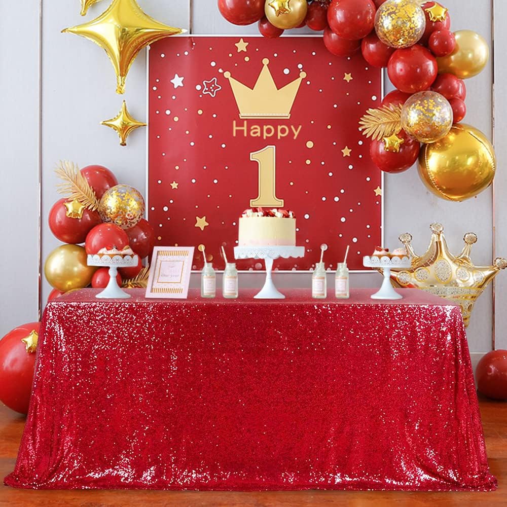 QueenDream Sequin Tablecloth 90"x156" Red Tablecloth Rectangular Party Tablecloth for Christmas Wedding Birthday Bridal Shower Decorations
