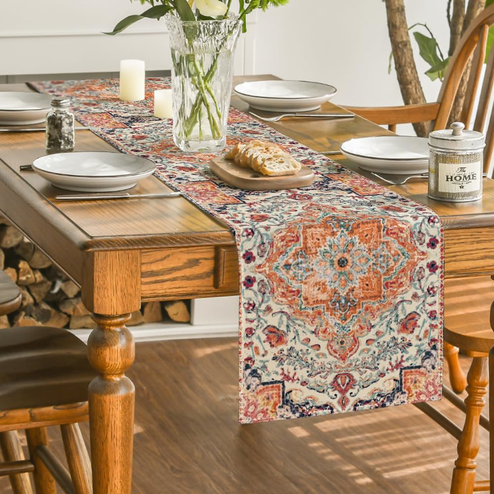 Artoid Mode Boho Bohemia Style Orange Table Runner, Country Rustic Farmhouse Magical Fall Kitchen Dining Table Decoration for Home Party Decor 13x108 Inch