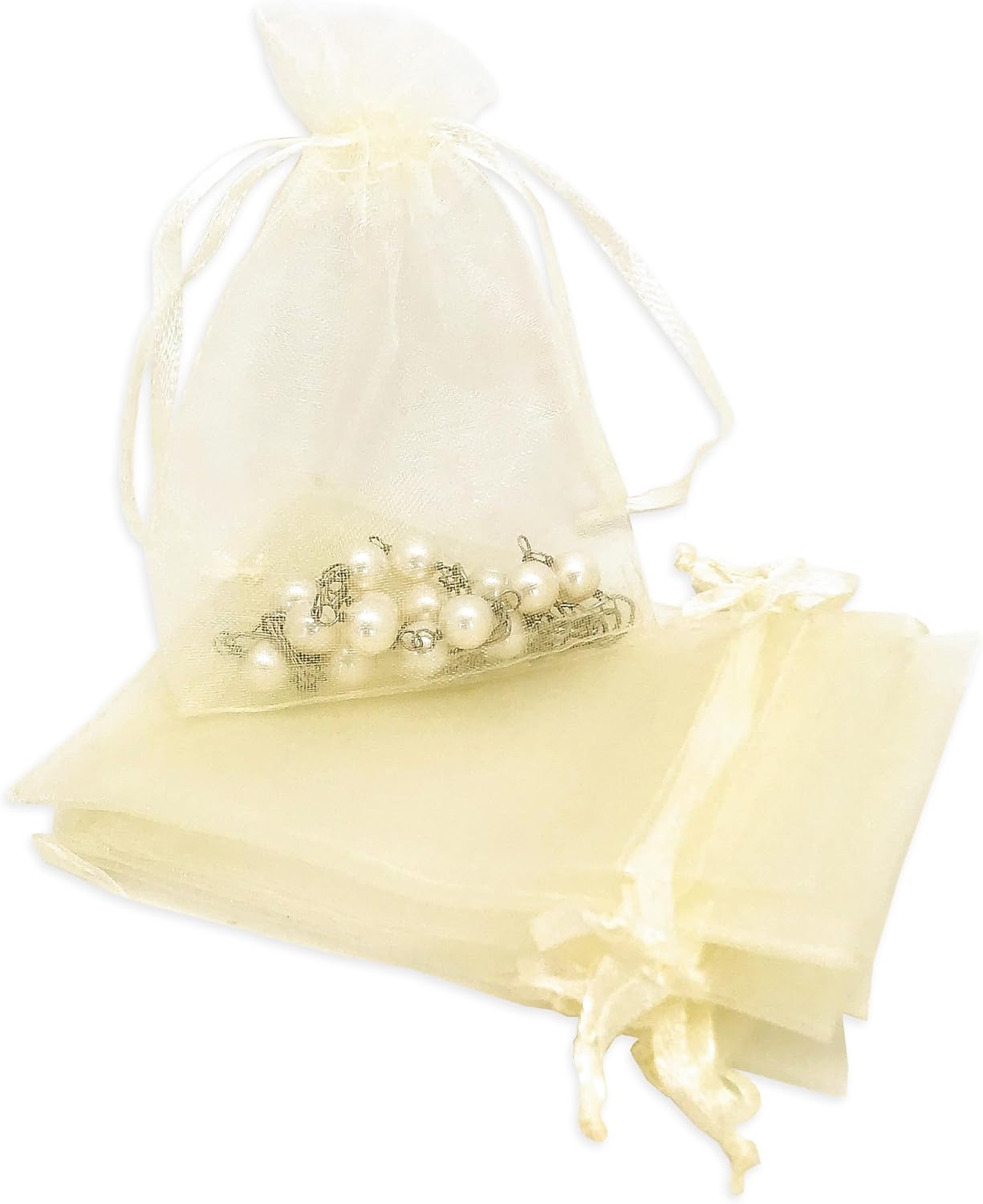 TheDisplayGuys 100-Pack 3x4 Cream Sheer Organza Gift Bags with Drawstring for Jewelry, Candy Bags, Treats, Wedding Favors Small Mesh Pouches