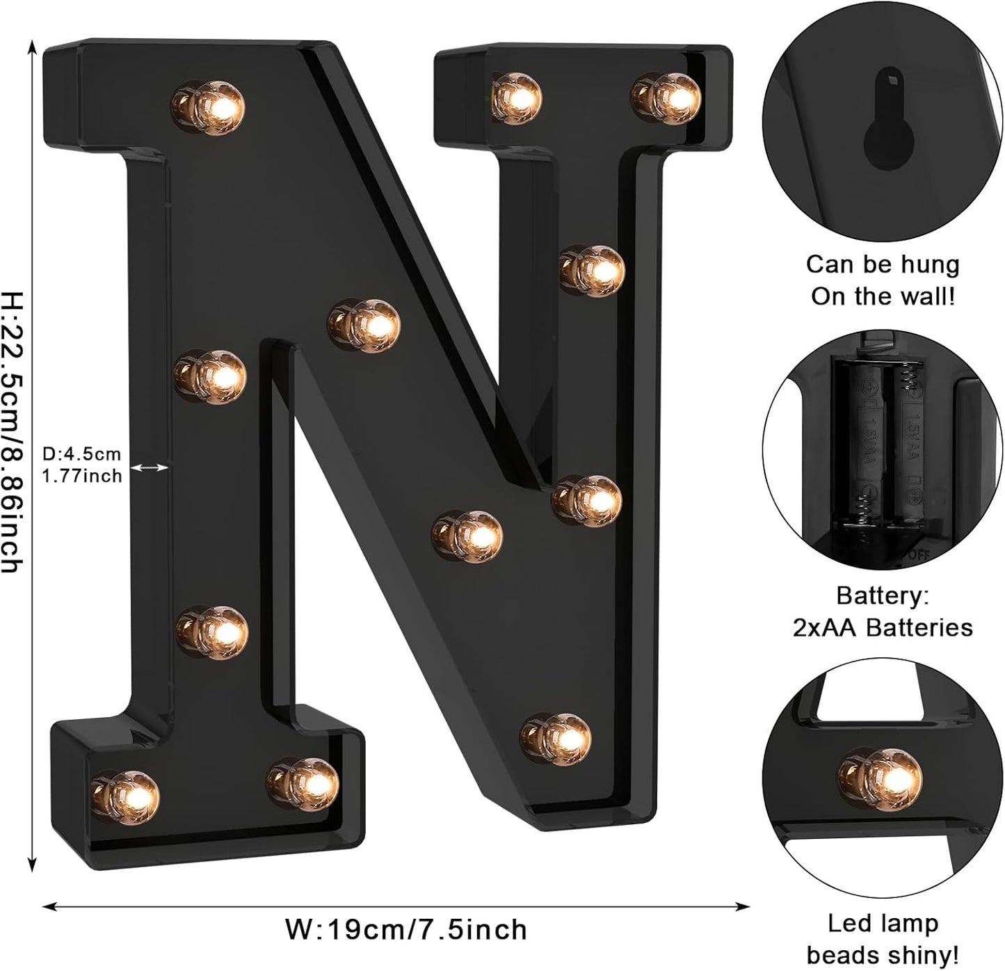 Foaky Black LED Letter Lights for Room Decor - Bedroom Wall Decor, Alphabet Lights for Home, Wedding, Party - Battery Operated （N）