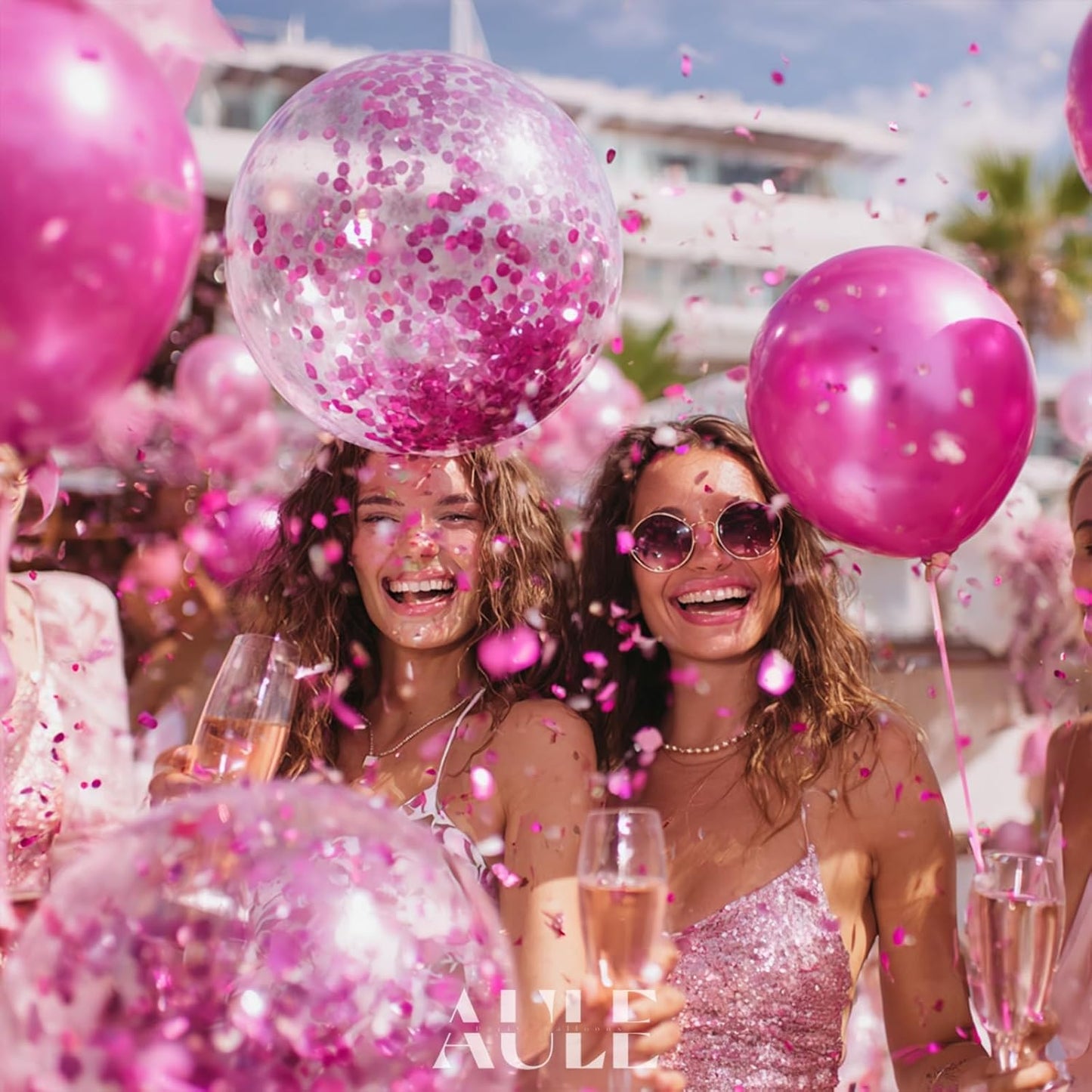 AULE Party Balloons Pack of 42 - Metallic Chrome Hot Pink Balloons and Hot Pink Confetti Latex Helium Balloons With 64ft Ribbons - 12 Inch Balloon Decoration Set