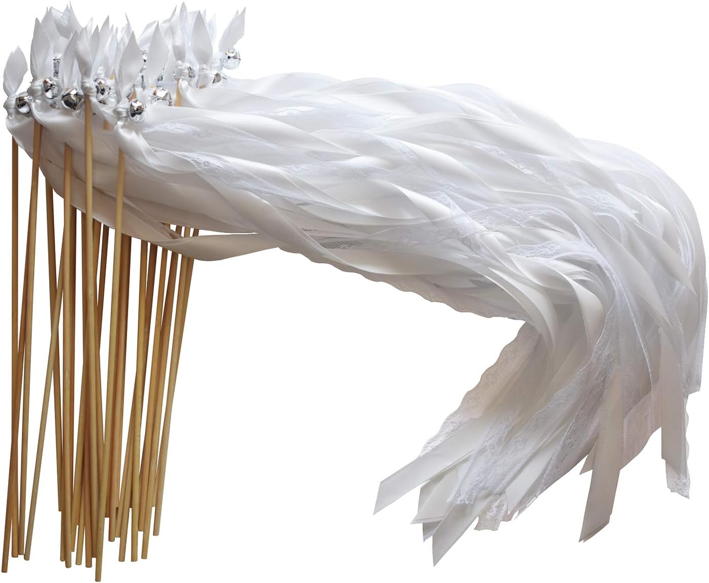 Kingsnow 50 Pack White Lace Ribbon Wands Wedding Streamers with Silver Bells, Silk Fairy Stick Wish Wands for Wedding Send off Party Activities Holiday Celebration