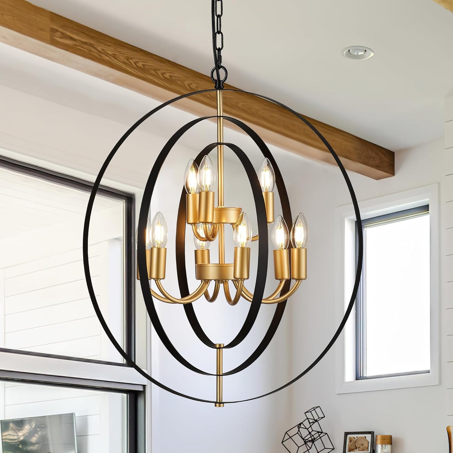 9-Light Globe Rustic Metal Chandelier, 23.6" Black Gold Adjustable Hanging Ceiling Pendant Light Fixture for Entryway Foyer Stairway Bedroom Dining Living Room Hallway
