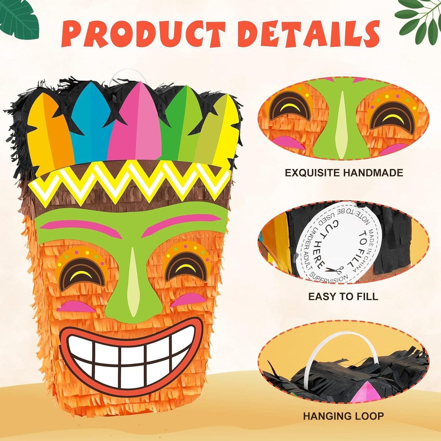 WERNNSAI Tiki Piñata -Tropical Hawaii Piñata with Blindfold and Bat for Girls Boys Kids Piñata Hawaiian Luau Themed Party Decorations for Summer Birthday Party Supplies Carnivals Festivals Celebration