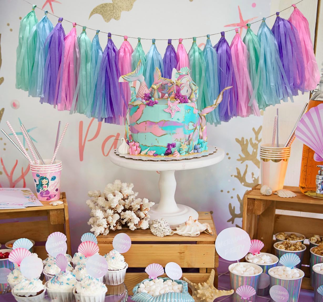Blue Purple Mint Green Pink Tissue Paper Tassel Garland,Tissue Tassel Banner for Party Decorations,Pack of 20