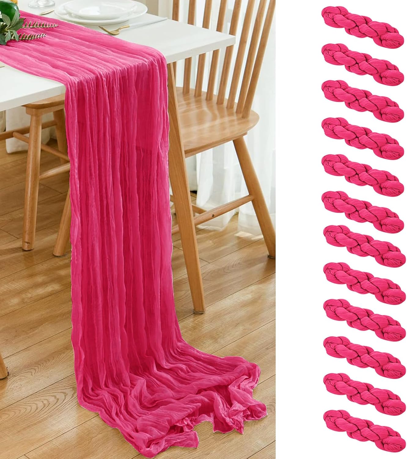12 Pack Hot Pink 10 Ft Cheesecloth Table Runner 20x120 Inch Boho Wrinkled Sheer Romantic Gauze Decor for Wedding, Bridal Shower, Birthday Party