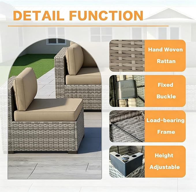 MOCHITO 5 Pieces Outdoor Patio Furniture Sets, All-Weather Sectional Sofa Grey - Image 6