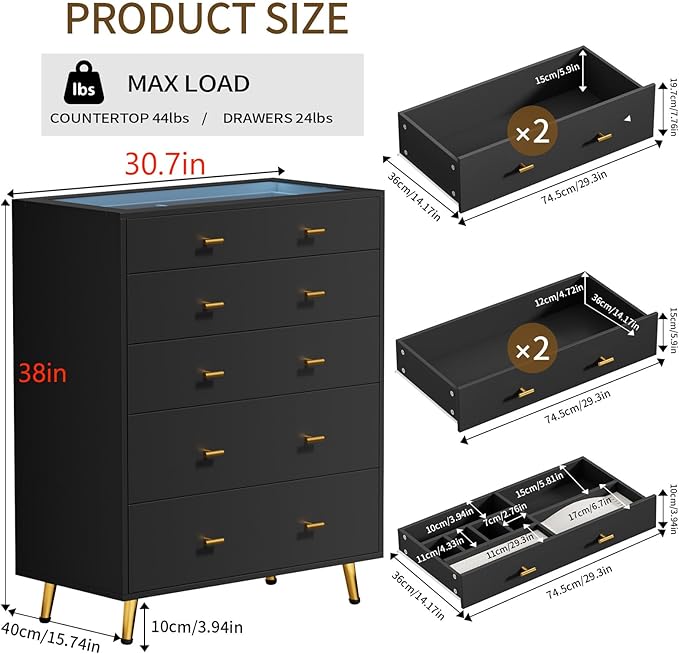 Drawer Dresser with LED Lights, 30.7" W x 39" H Tall Tempered Glass Top Dresser - Image 2