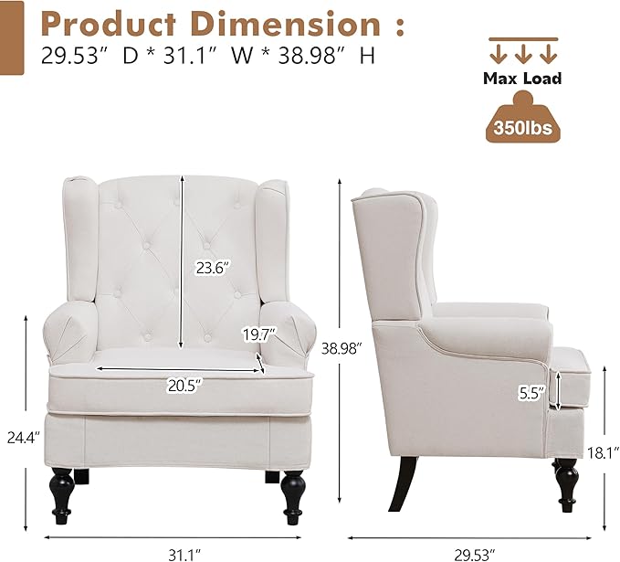 Accent Chair Set of 2, Mid Century Modern Fabric Wingback Chair, Upholstered - Image 2