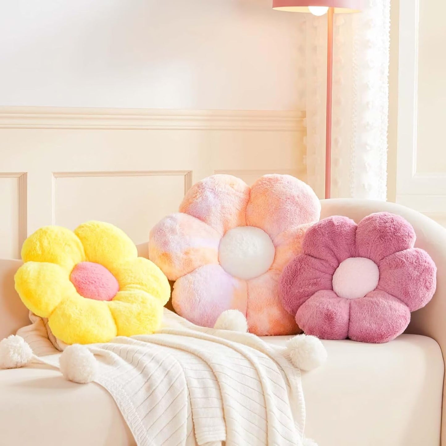 Yellow Flower Pillow, 17.7" Flower Shaped Plush Decorative Throw Pillow for Bed