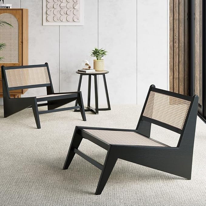 homary Japandi Rattan and Wood Lounge Chairs Mid Century Modern Armless Accent - Image 9