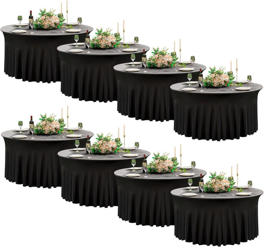 8 Pack Black Round Spandex Tablecloth 60 Inch, Wrinkle Free Stretch 120 Inch Fitted 5ft Black Table Cloths Round Table Covers with Ruffle Skirt for Graduation Wedding Party Banquet