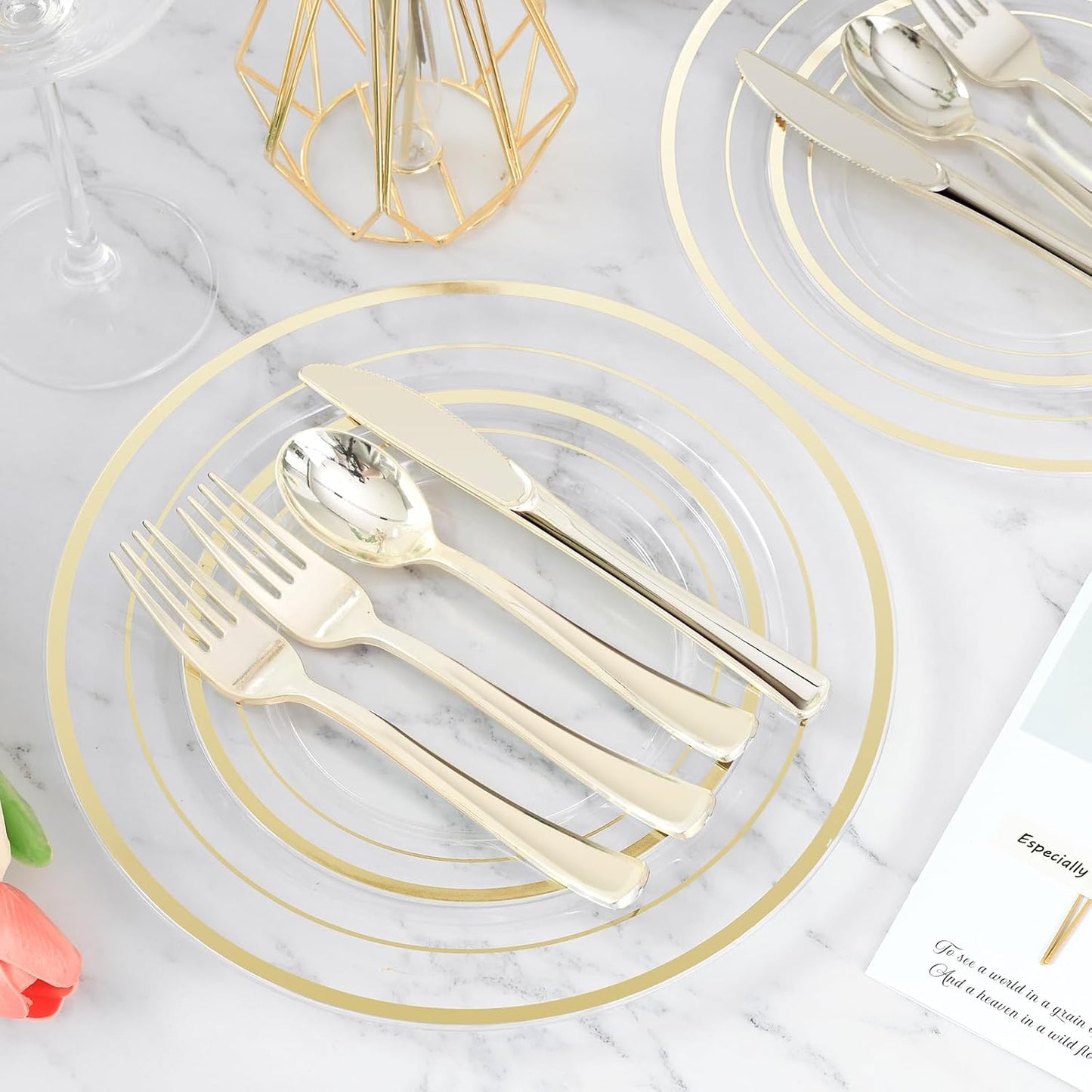600PCS Clear Gold Plastic Plate Set (100 Guests), Plastic Plates for Party Wedding Birthday, Disposable Dinnerware Set of 200 Plates, 200 Forks, 100 Spoons, 100 Knives for Christmas
