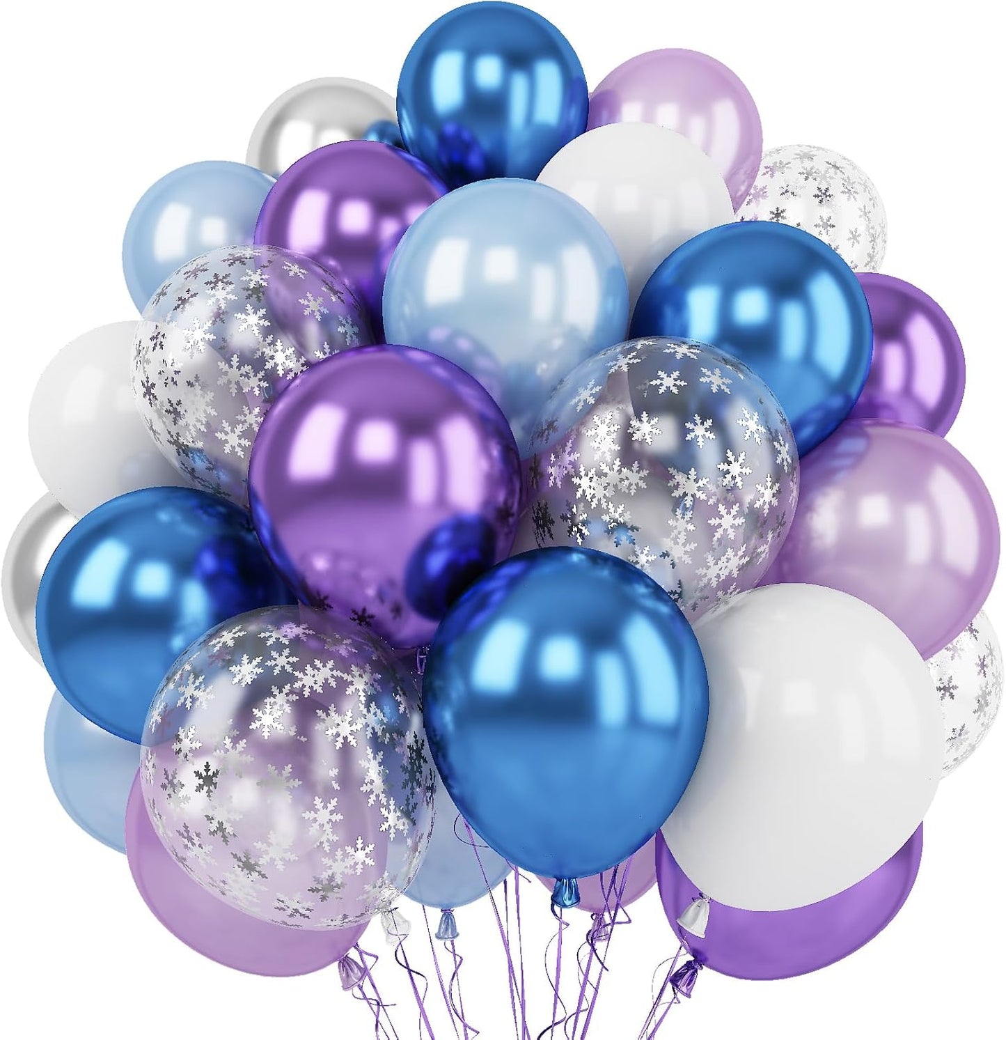 Winter Snowflake Balloons, 60 Packs 12 Inch Metallic Purple Blue White Silver Balloon with Confetti Balloon for Birthday Party Baby Shower Christmas Winter Wonderland Party Decoration