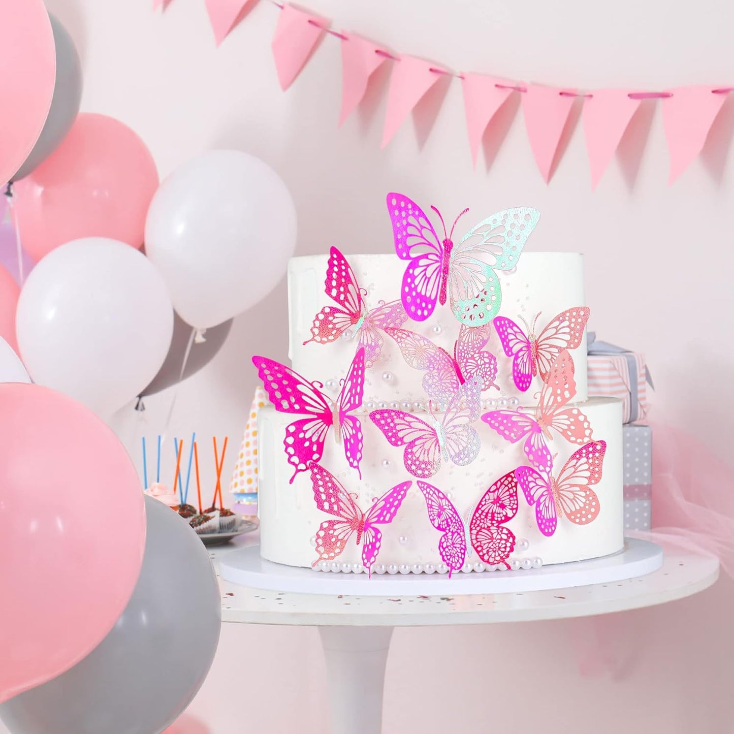 Gyufise Laser Light Pink Butterfly Cupcake Toppers Hollow Art 3D Butterfly Cupcake Decorations Baby Shower Wedding Anniversary Kids Birthday Party Cake Wall Decorations Supplies 36Pcs