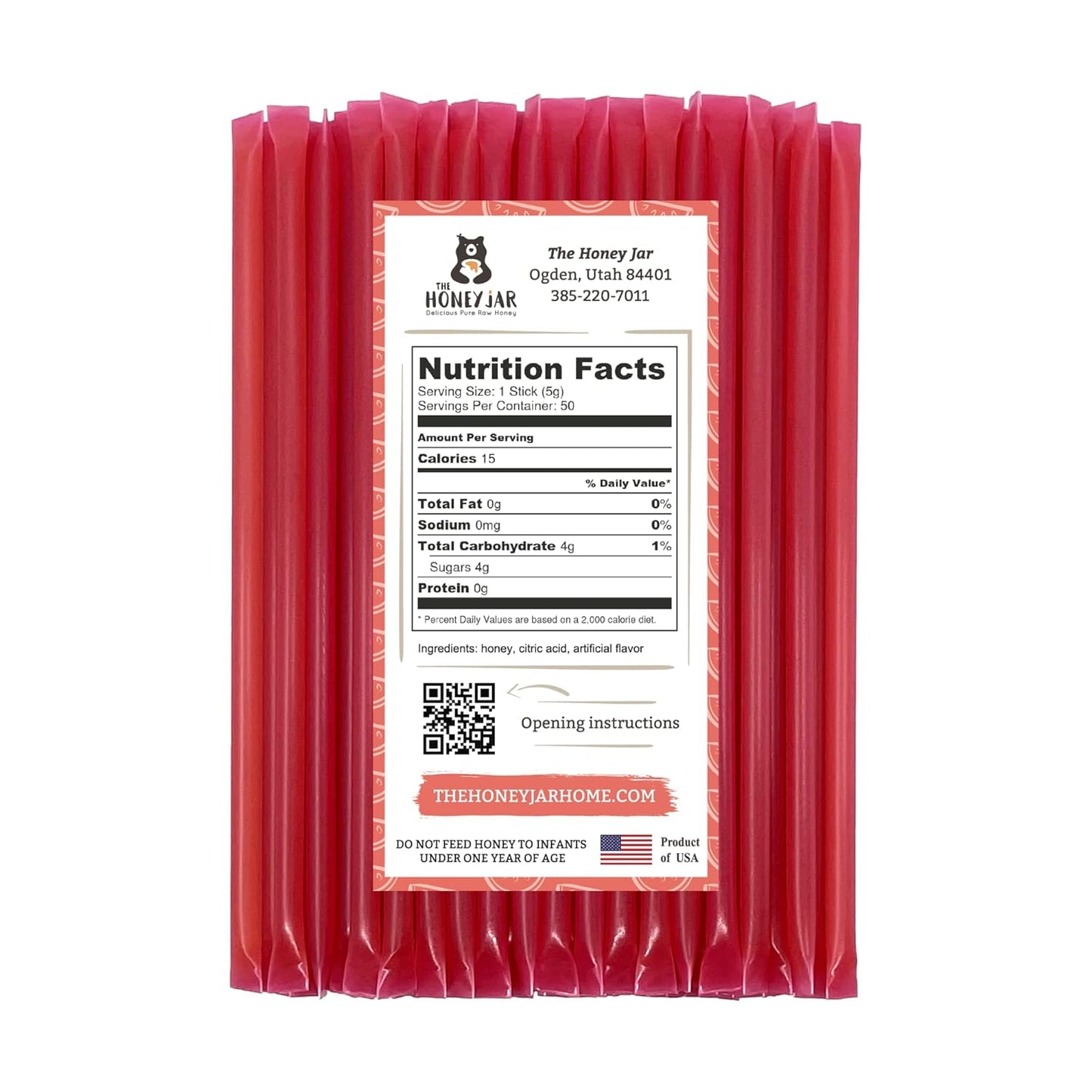 The Honey Jar Watermelon Flavored Honey Sticks - Pure Honey Straws For Tea, Coffee, or a Healthy Treat - One Teaspoon of Flavored Honey Per Stick - Made In The USA with Real Honey - (50 Count)