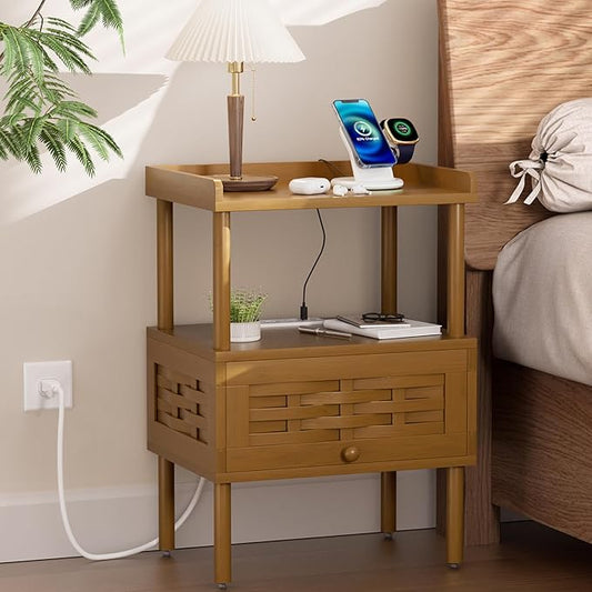 Amazer Walnut Nightstand with Charging Station, Bamboo Night Stand by Amazer