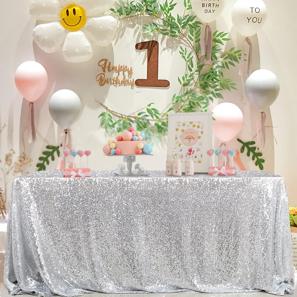 QueenDream Sequin Tablecloth 90x132 Inches Rectangular Silver Table Cloth Glitter Fabric Overlay for Wedding Birthday Bridal Shower Decorations