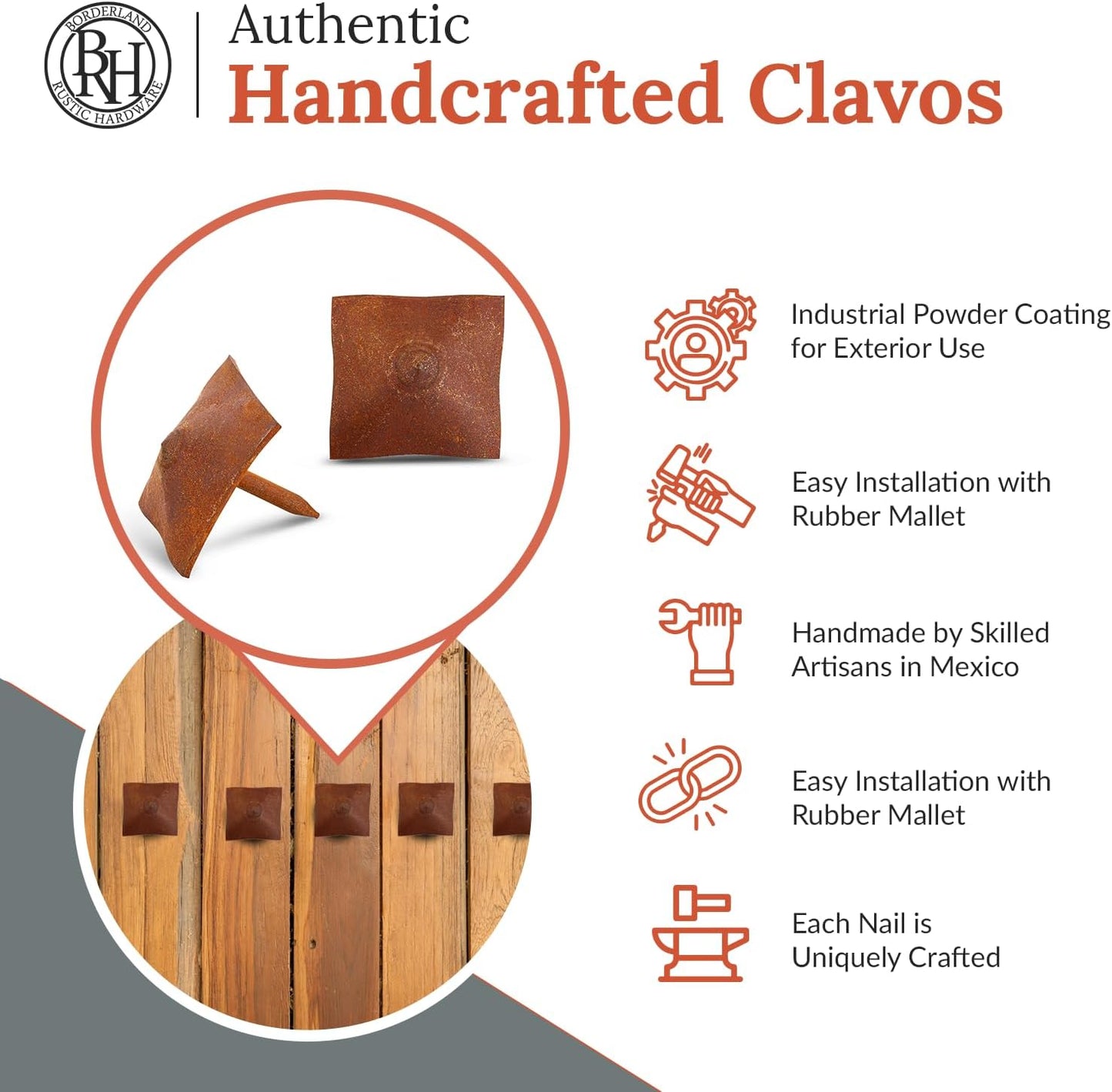 25 Pack 1" Square Head Iron Clavos Decorative Nails – Rusted – Handmade Rustic Square Fasteners for Farmhouse Shutters, Faux Wood Beams, Barn Doors, Shutters, and Gates – Ornamental Wood Accent