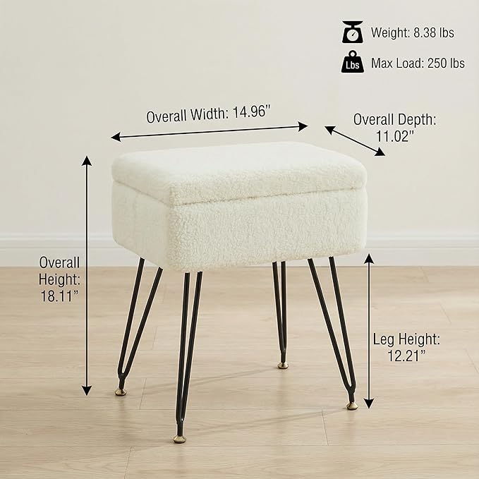 Vanity Stool Chair, Faux Teddy Fur Ottoman Foot Stool - Image 2