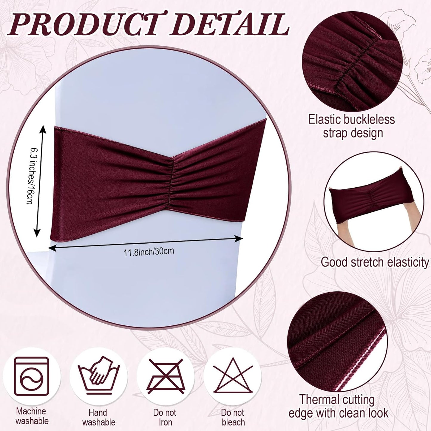 Moukeren 100 Pcs Spandex Chair Sashes Bows Bands Slider Sashes for Chair Covers Elastic Bands Ties Ribbon Decorations for Wedding Party Events Ceremony Birthday Banquet (Burgundy)