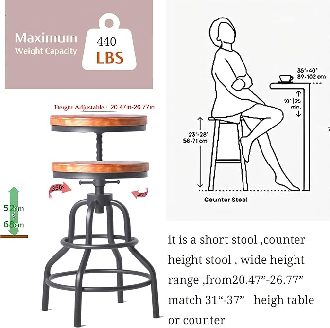 Industrial Vintage Counter Stool, Kitchen Counter Height Adjustable Swivel Chair - Image 2