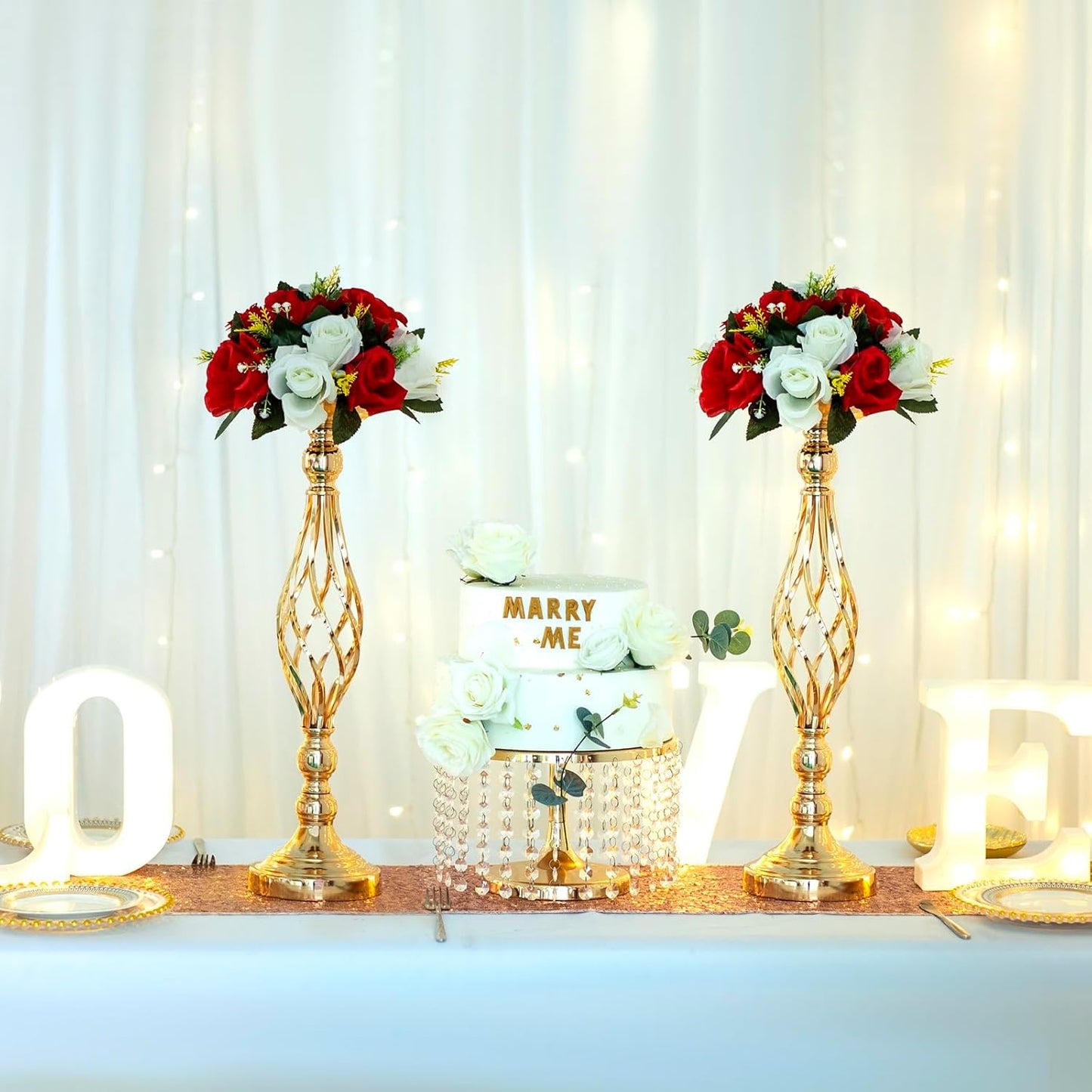 LANLONG 2pcs Metal Gold Candle Holders Road Lead Table Centerpiece Stand Pillar Candlestick for Wedding Candelabra Flowers Vases