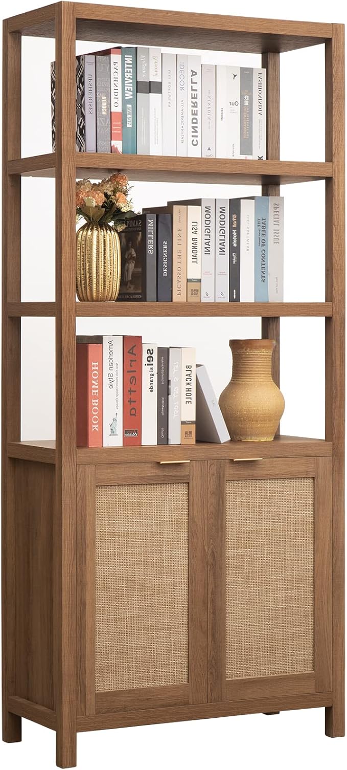 SICOTAS Bookshelf 5 Tier Book Shelf Rattan Boho 71" Tall Bookcase by SICOTAS