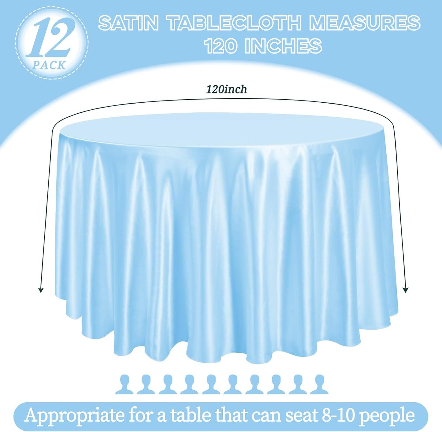 fani 12 Pack 120 Inch Light Blue Satin Tablecloth - Silky Round Tablecloth Overlay Smooth Fabric Table Cover, Bright Table Decoration for Wedding Party Banquet Events Restaurant Kitchen Dining