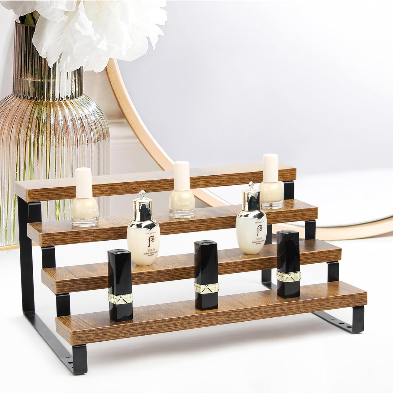 4-Tier Wooden Display Riser Shelf Stand for, Makeup, Cupcake, Condiment & Dolls Collection Home Decor Organizer, Expandable for Pantry/Counter (Brown, 4-Tier)