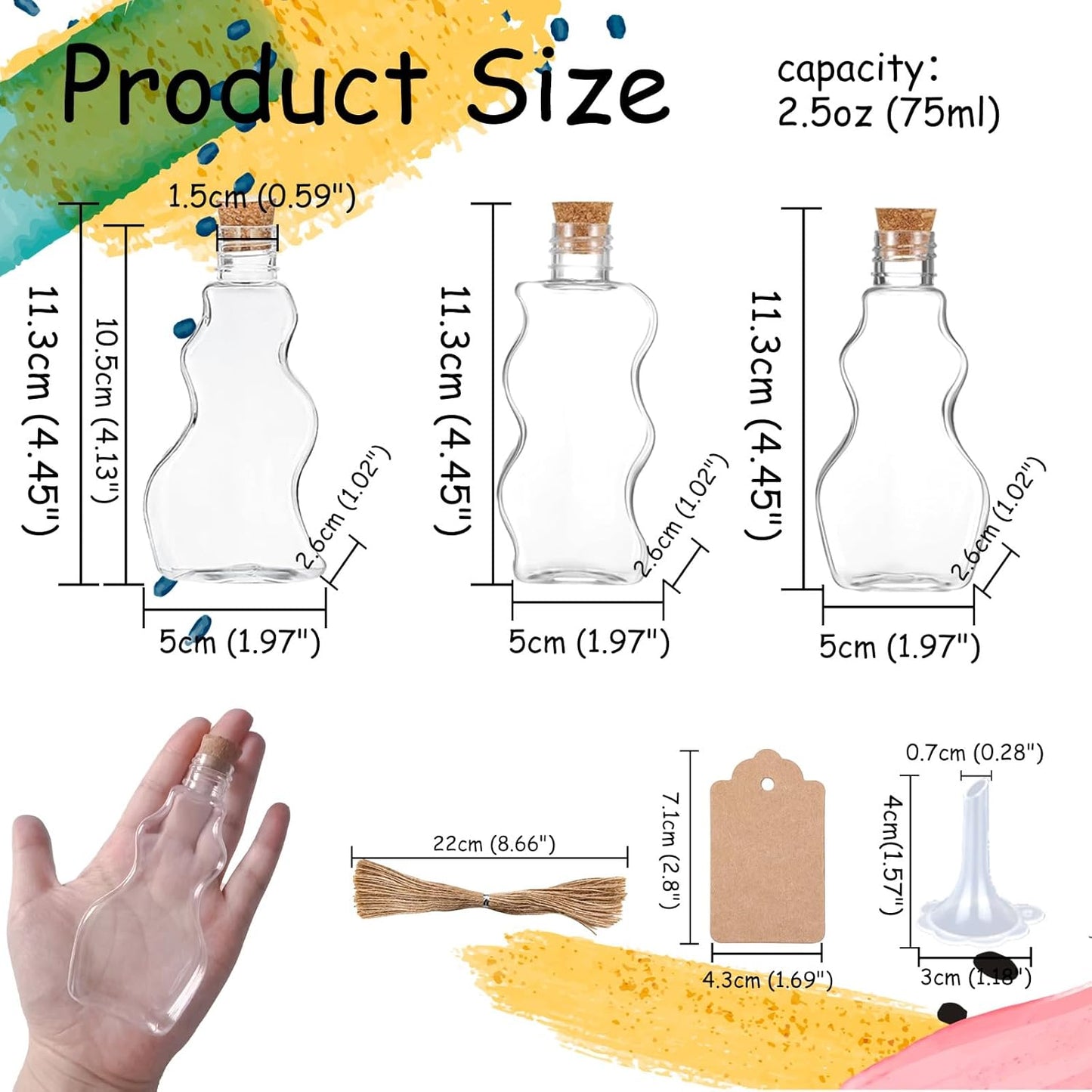 60 Pcs Plastic Sand Art Bottles with Corks and Funnels, 2.5 oz Clear Containers in 3 Styles for Wedding Invitations, Fun Crafts, DIY Projects, Party Decorations