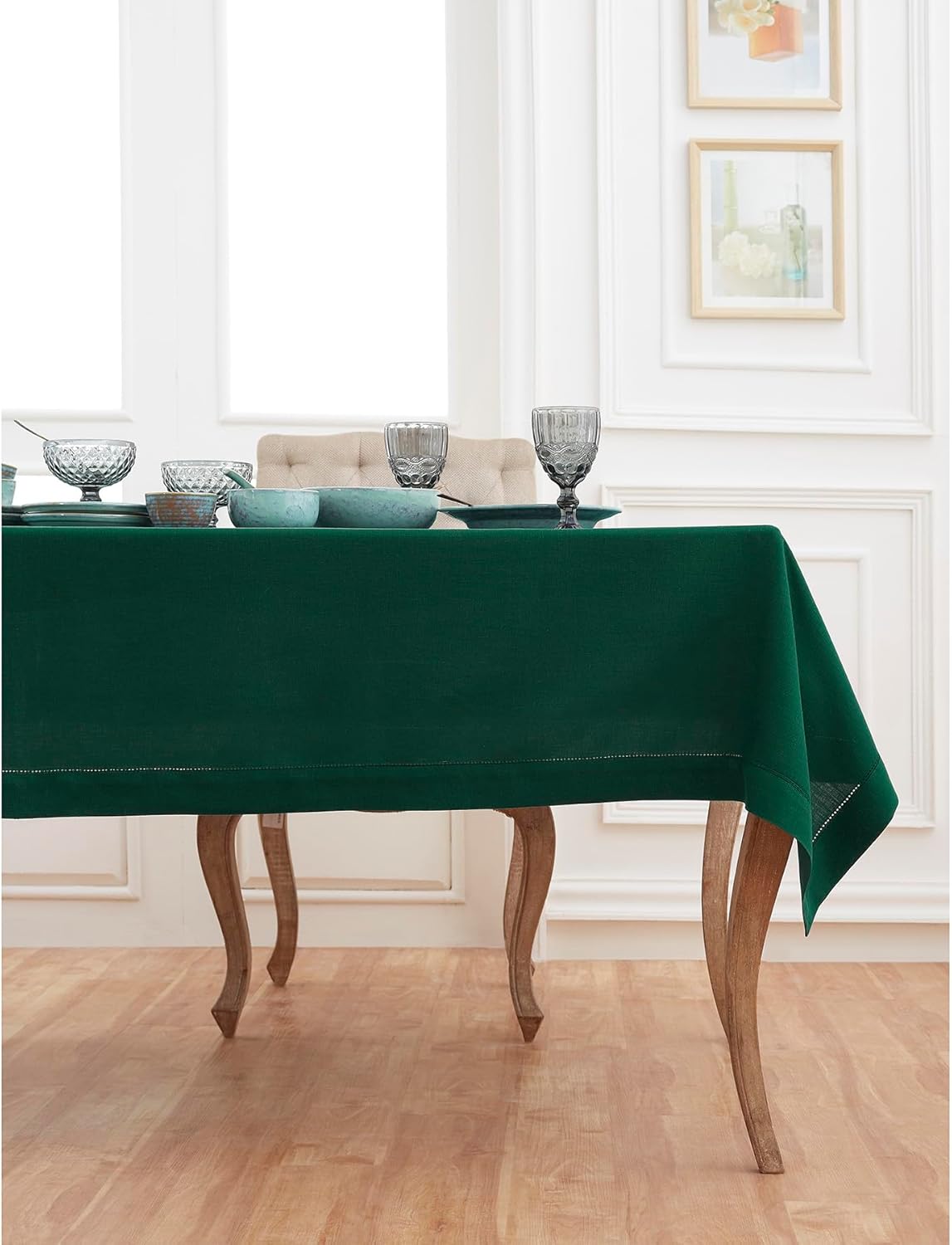 Solino Home Linen Tablecloth for Rectangle Tables 60 x 132 Inch - Classic Hemstitch 100% Pure Linen Rainforest Green Table Cloth - Machine Washable Cloth Tablecloth for Fall, Autumn, Thanksgiving